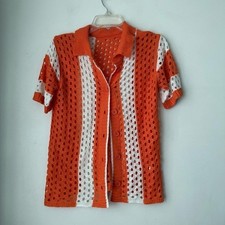 Orange White Open Knit Crochet Shirt Short 2pc Coord Set S