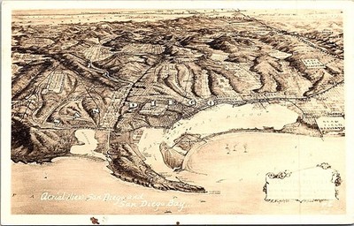 Vintage Postcard RPPC Aerial View Map of San Diego Bay California E9