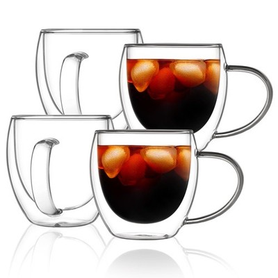 CNGLASS 12oz(4-pack) Double Walled Glass Coffee Mugs,Insulated Glass Mugs wit...