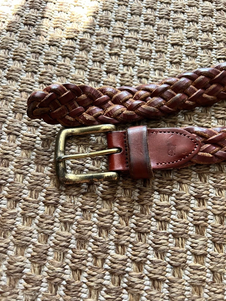 Polo Ralph Lauren Marrón Trenzado Cuero Latón Hebilla Vaqueros Cinturón 90 32 34 36 Foto 3 de 4