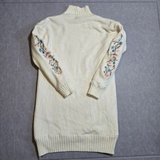 Women's SM? Cream Knit Sweater Dress NWOT Embroidered Sleeves Fleece Layer Insid