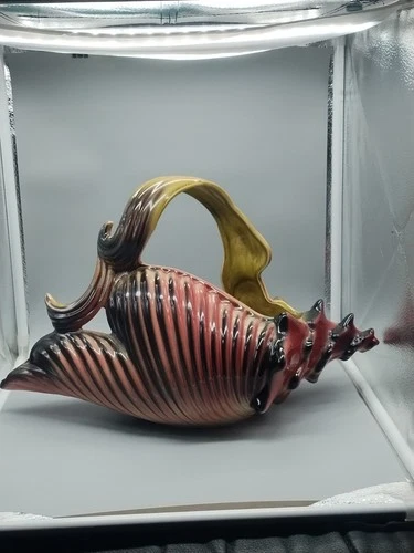 Large VTG Hull Pottery Planter Ebb Tide Conch Shell Koi Fish Gold Handled Basket