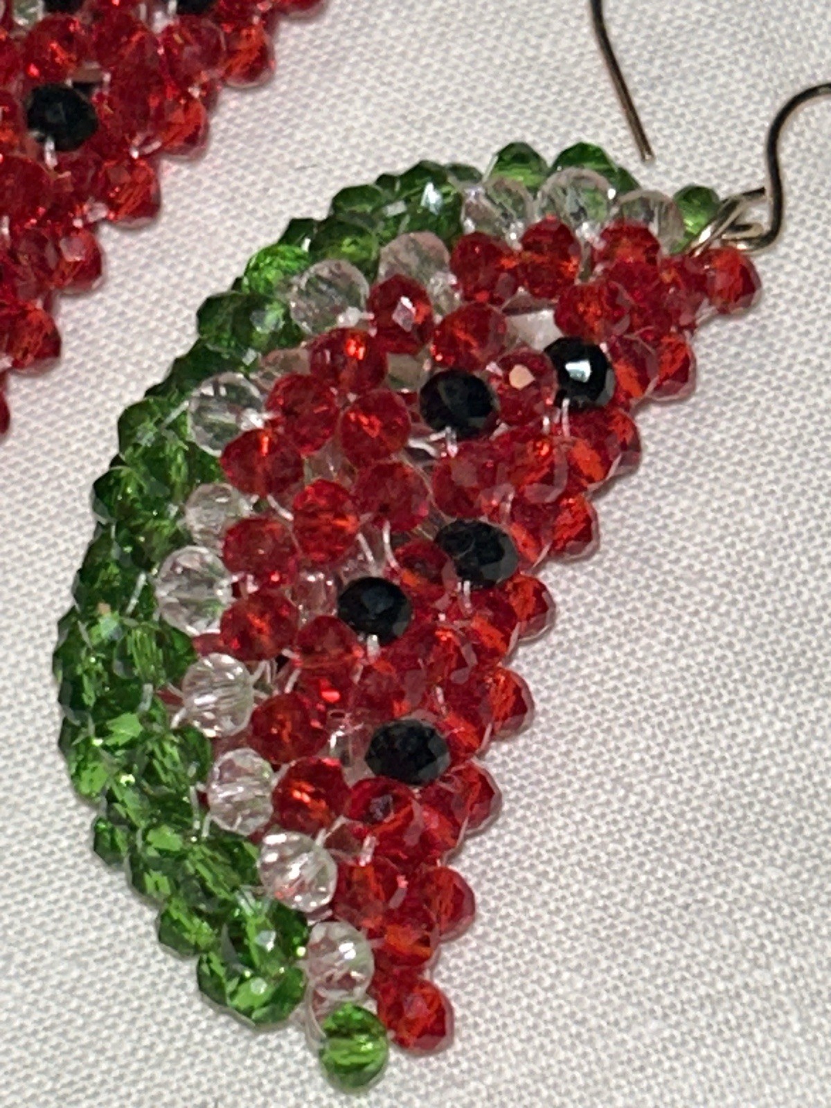 Handmade Crystal Watermelon Slice Dangle Earrings… - image 2