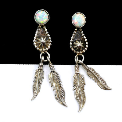 RB RUNNING BEAR NATIVE AMERICAN STERLING SILVER OPAL FEATHER DANGLE EARRINGS