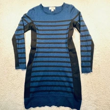 KENAR 100% Merino Wool Sweater Dress Blue Black Striped Long Sleeve Medium