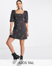 ASOS Design Quilted Mini Dress With Flowers Embroidered Gray Grey Sz US 6