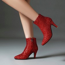 Women's Sequin Kitten Heel Pointy Toe Back Zip Formal Shiny Dress Ankle Boots