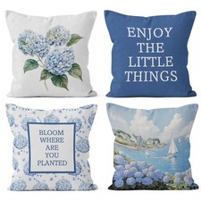 Blue Hydrangea Floral Pillow Covers 18x18 Set of 4, Inspirational Motivationa...