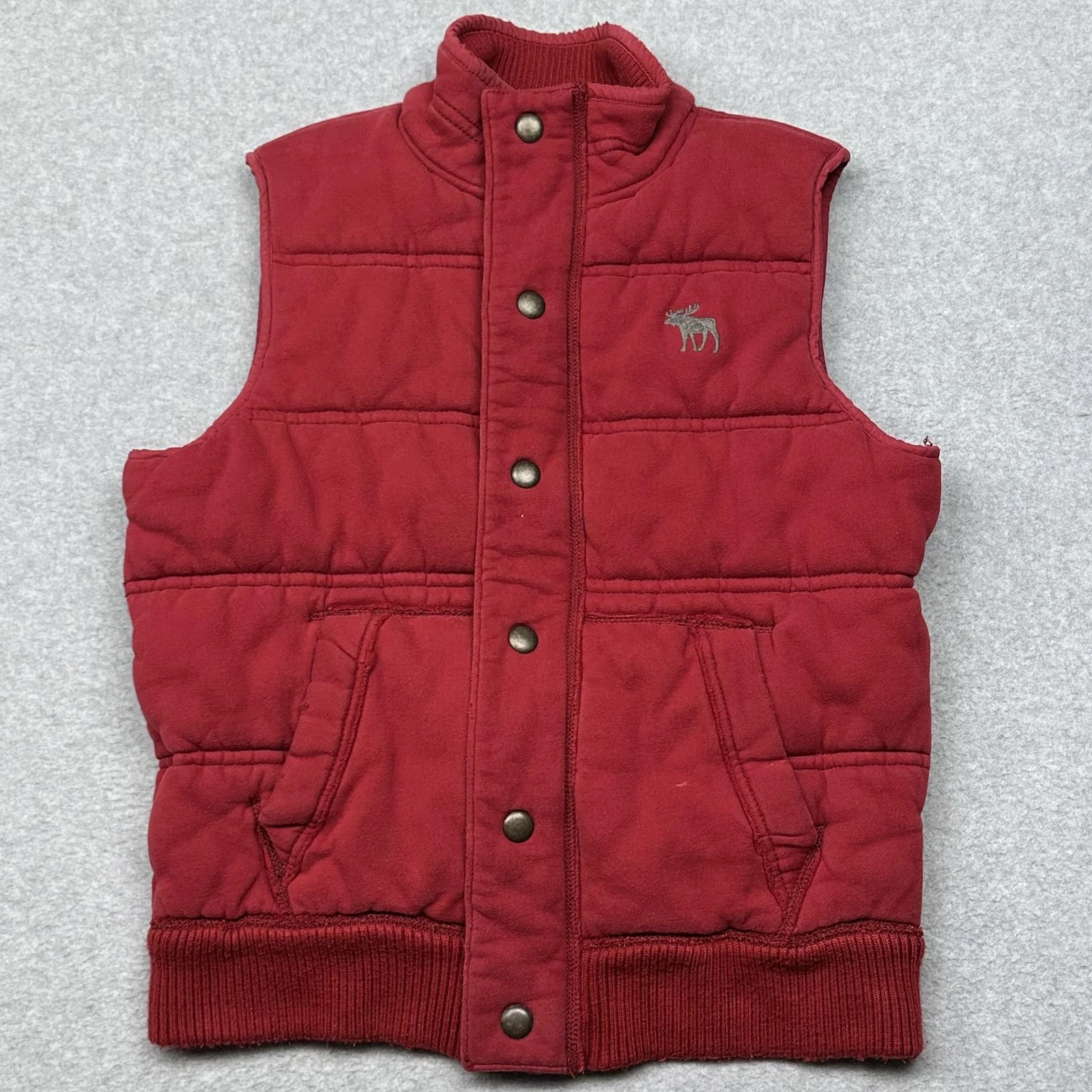 Abercrombie & Fitch Vest Mens Large Red Puffer Quilted Snap Zip Moose Logo Warm