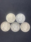 5 Barber Half Dollars 1897-1912 90% Junk Silver