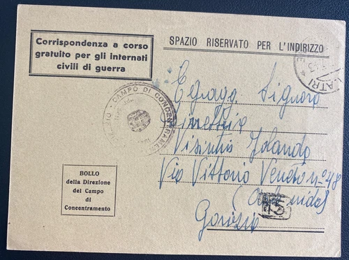 1943 Fraschette Interment Camp Alatri Italy Stampless Postcard Cover