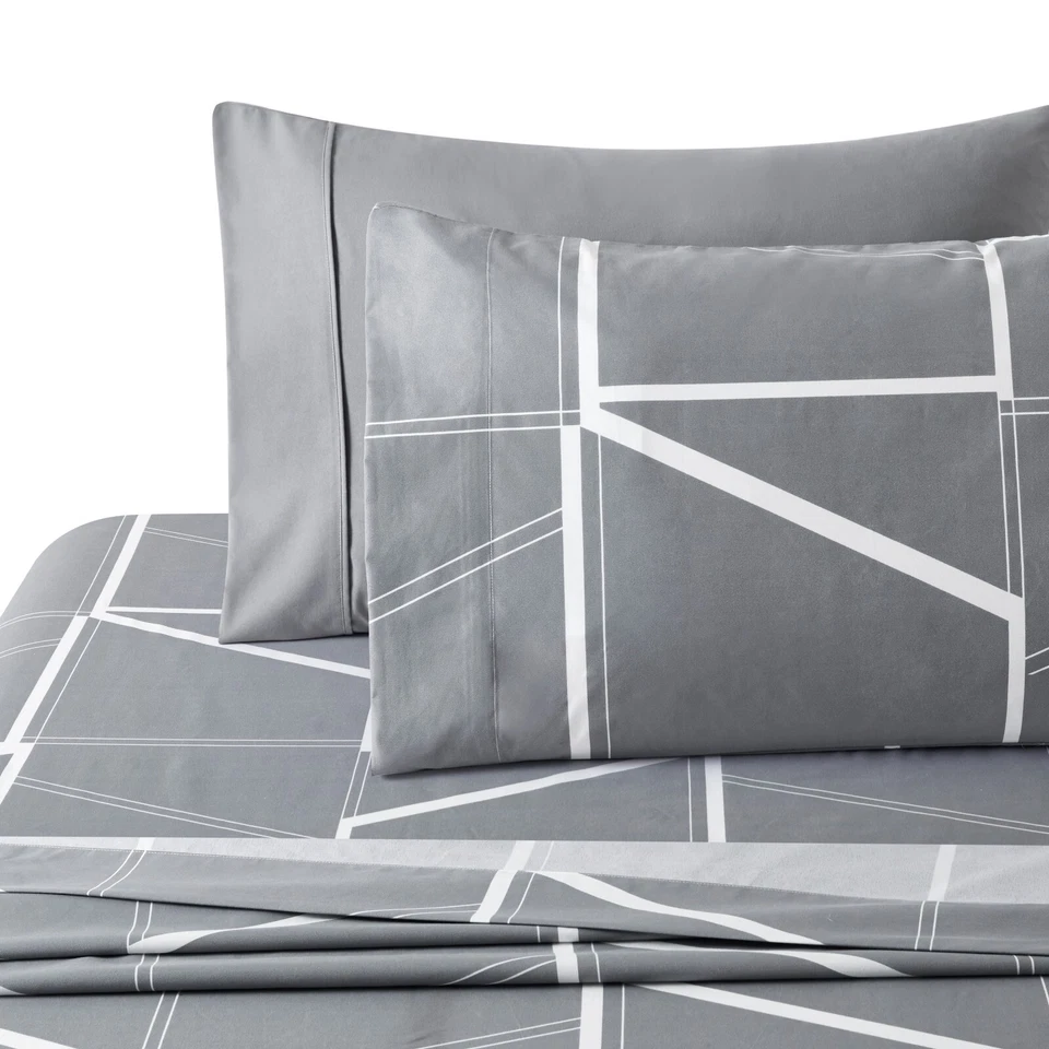 Juego de sábanas 6 piezas de bolsillo profundo de bambú estampado de rayón, reina geométrica gris Foto 2 de 4