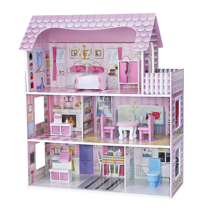 Pink Wooden Kids Pretend Play Toys doll house 70cm with Furniture set