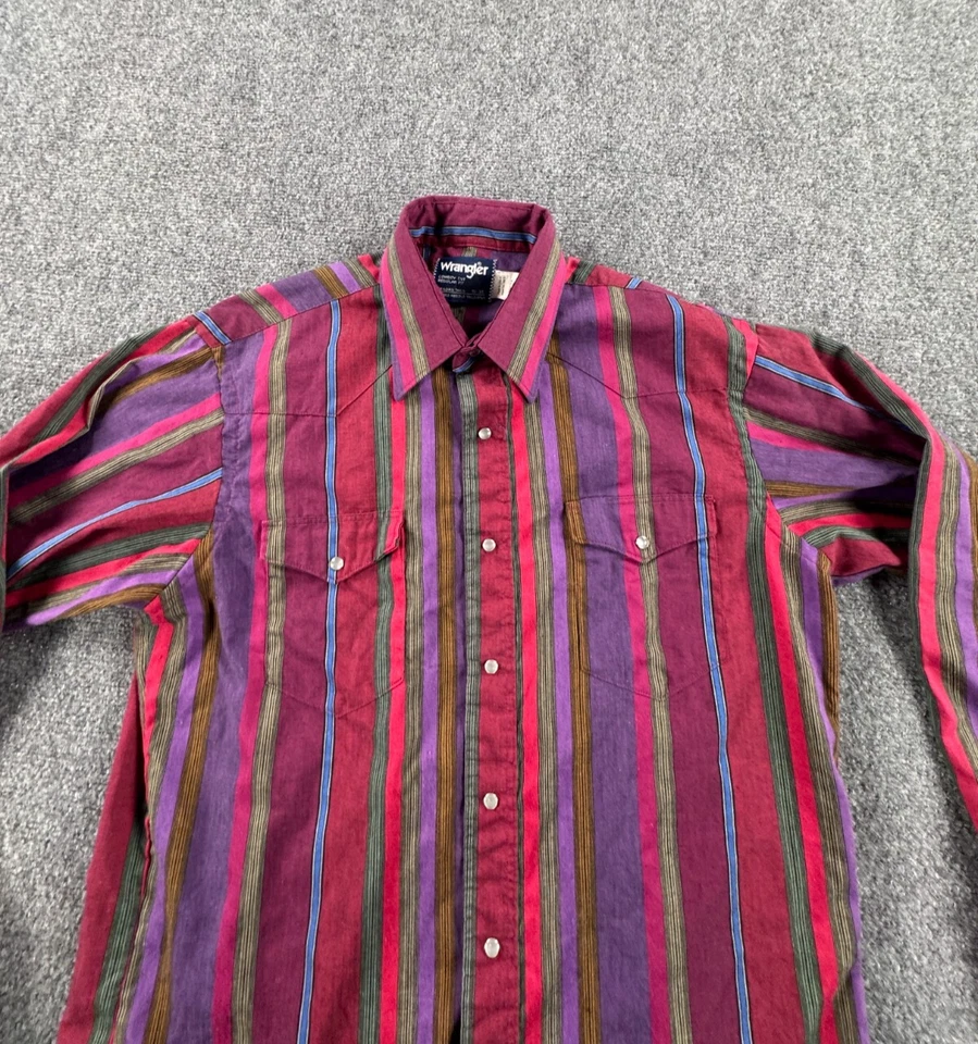 Camisa de vestir vintage Wrangler para hombre 16/34 multicolor perla a presión ajuste vaquero rodeo Foto 3 de 4
