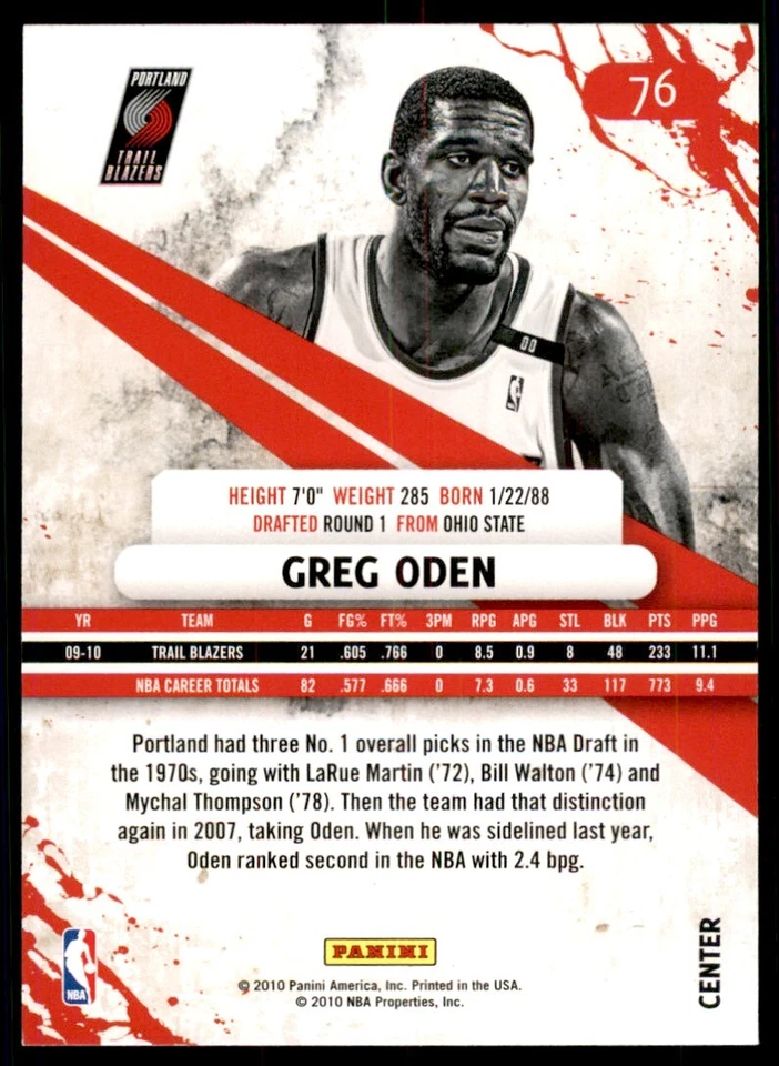 2010-11 Panini Rookies & Stars Greg Oden Basketball Cards #76 - Image 2 of 2
