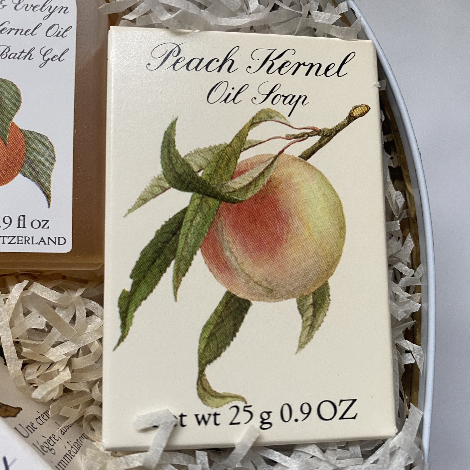 Crabtree & Evelyn Heart Tin Full Of Peach Kernel Apricot Soaps Oil Lotion 1985