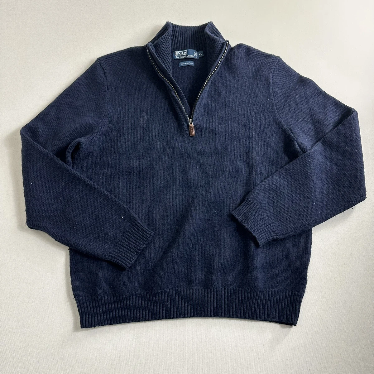 Polo Ralph Lauren 100% Lambs Wool Quarter Zip Mock Knit Sweater Men Size XL Blue