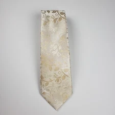 BARRY WANG Men's 100% Silk - Ivory and Gold Floral Pattern 60 3 1/2" Necktie