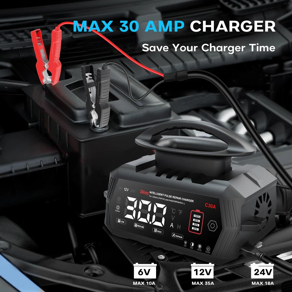 30Amp Lithium Battery Charger,6V/12V/24V Lifepo4,Lead-Acid Smart Trickle Charger Foto 3 de 4
