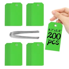 200 Pieces 4 3/4" x 2 3/8" Green Tags with Wire Plastic Hang Tags for Labelin...