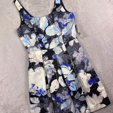 NWT Eliza J Women's Dress 8 Blue White Floral Pleated Fit Flare Sleeveless Read