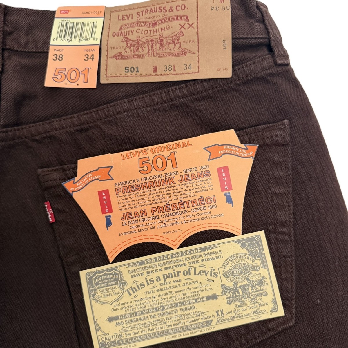Vintage Deadstock 90s Levi's 501 Brown Denim Jeans 38x34 Rare