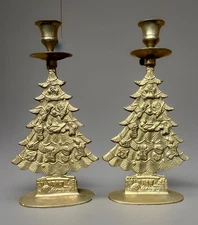 2 Vintage Solid Brass Christmas Tree Candleholders Set 9.5" Tall Holiday Decor