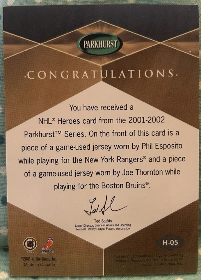 PHIL ESPOSITO JOE THORNTON 2001-02 In The Game Parkhurst NHL Heroes Jersey Relic - Image 2 of 2
