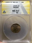 1909 Indian Head Cent MS 63 RB ANACS Penny Uncirculated SCARCE CONDITION