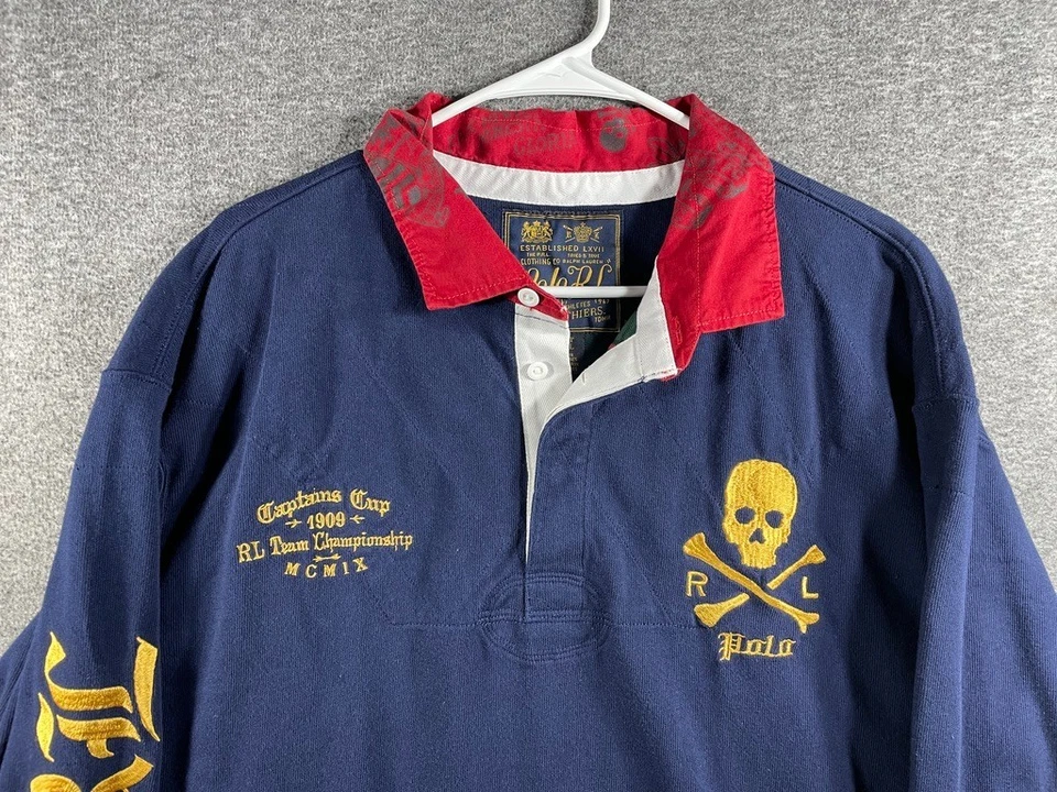 Polo Ralph Lauren Mens Rugby Shirt 2XLT Skull & Crossbones Blue Captains Cup RL - Image 2 of 4