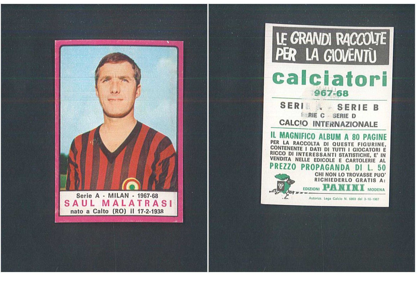 Figurina Calciatori Panini 1967-68 Saul Malatrasi (Milan) Ottima Rec. ▓