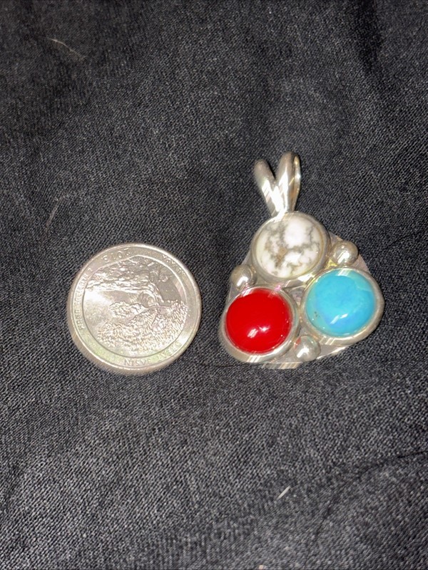 Vintage Tourquoise, Coral Triangular Pendant Signed BASS