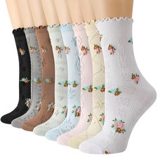 scenicamp 8 Pairs Women Cute Ruffle Socks, Vintage One Size, Multicolor