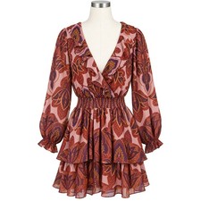 Socialite Mauve/Rust Paisley Floral Ruffle Smocked Boho Mini Dress - Size M