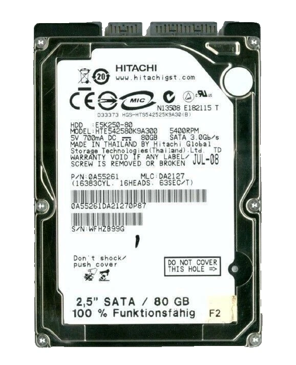 Hitachi 2,5 Zoll 5400 SATA Laptop Notebook Festplatte 80GB S-ATA HDD Speicher