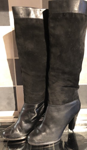 LADIES NEXT BLACK LEATHER & SUEDE KNEE HIGH PULL-ON HEELED BOOTS UK 8 eu42