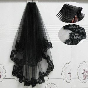 Lace Edge Black Gothic Bridal Veils Elbow Length Wedding Chic