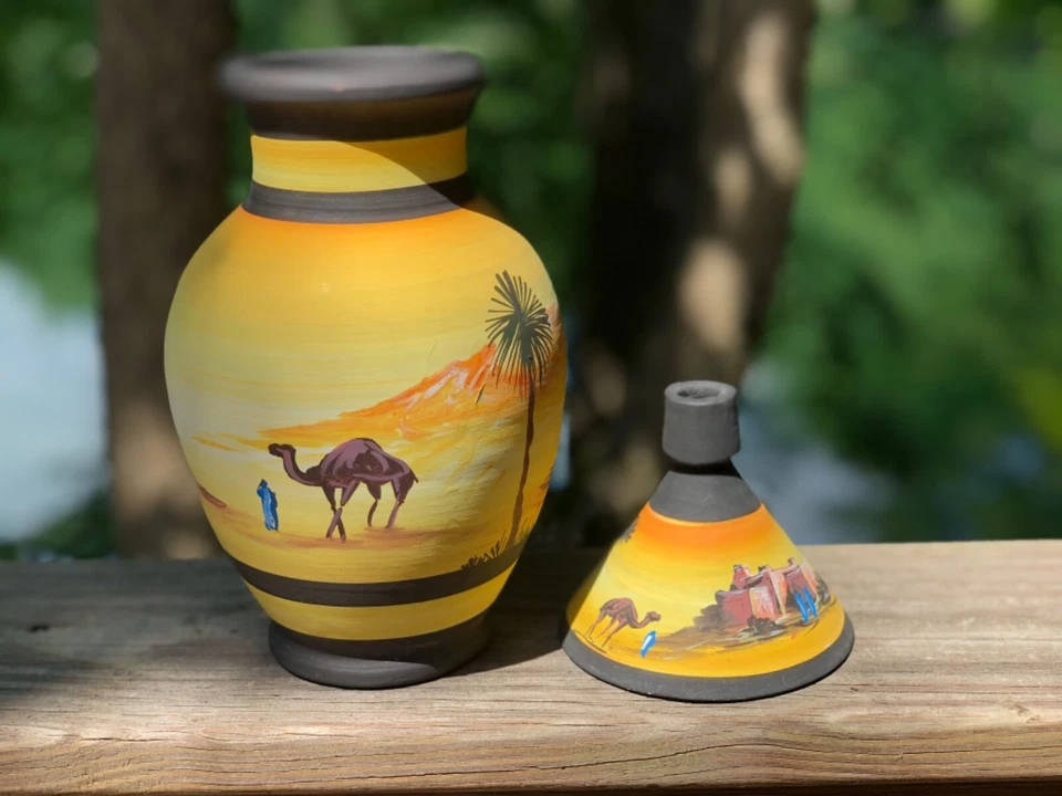 Jarrón pintado a mano - escena del desierto del Sahara - Oriente Medio Foto 4 de 4