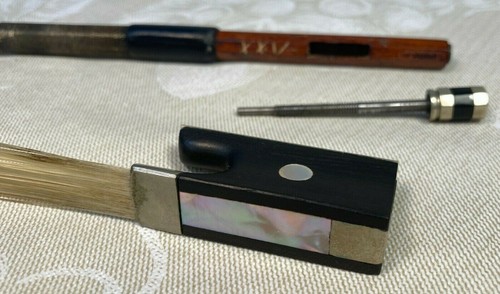 Unique Antique Violin Bow Germany Round Shaft Leather & Wire Winding Ebony Frog - Picture 6 of 12