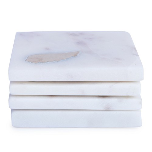 Sottobicchiere da tè in marmo vintage, bianco con intarsio uccellino ottone set di 4 fatto a mano - Foto 2 di 7