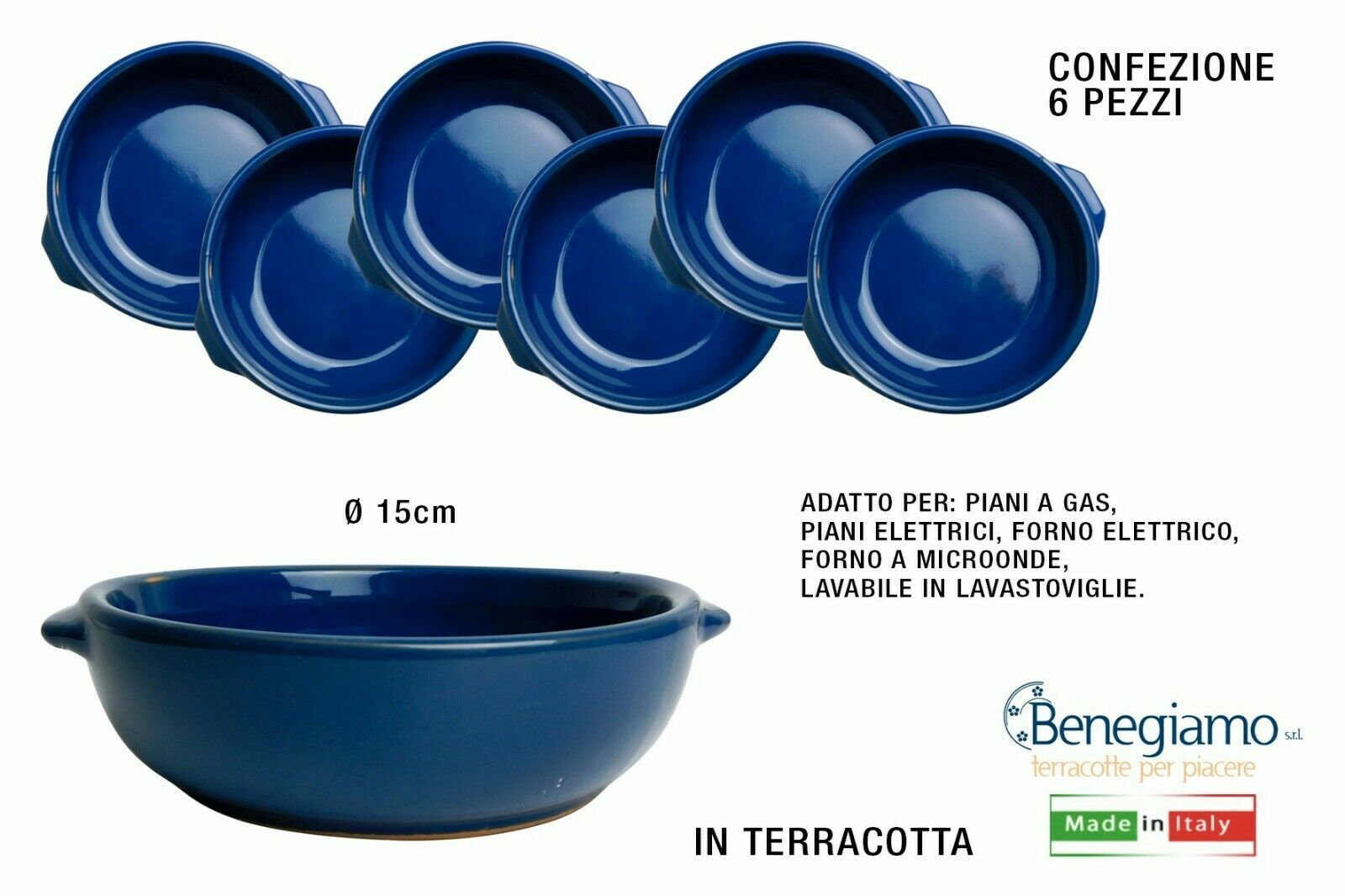 SET 6 TEGAMINO TEGAMINI DM.15 H5 QUALITA TERRACOTTA BLU GNOCCHI FAGIOLATA  12022