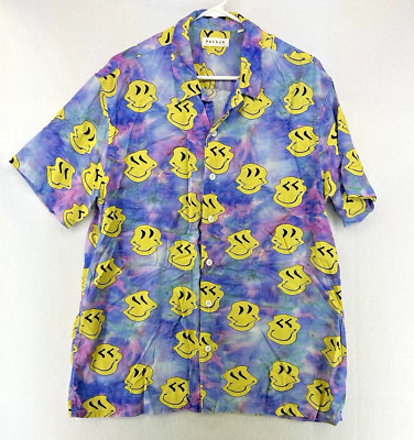 Vintage Men s Lg Button-up Retro Psychedelic Novelty Smiley Face Dress Shirt