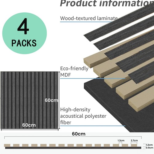 4 Pcs 60 x 60cm Wall Panel Wood Slat Acoustic Panels Sound Absorbing Panel Black - Picture 2 of 6