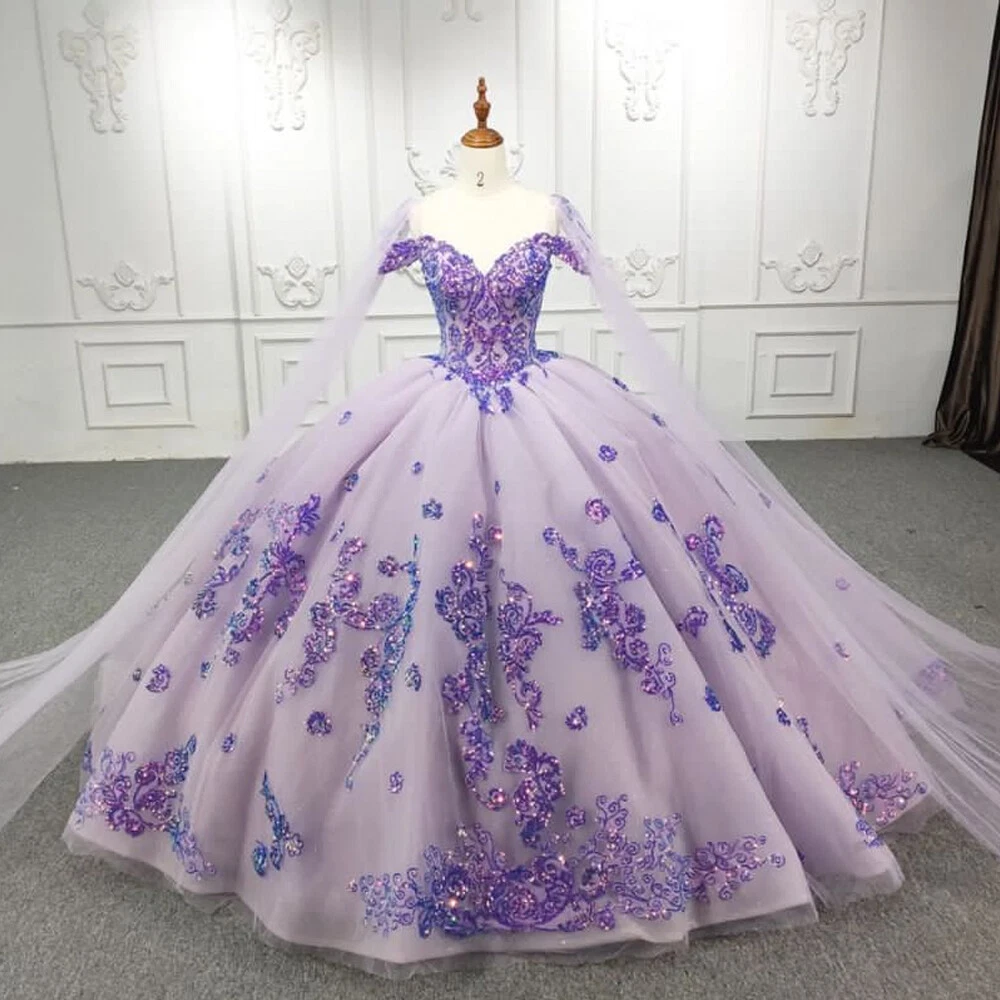 Lavender Quinceanera Dresses with Cap Beaded Sequins Sweet 15 16 Ball Gowns - Picture 1 of 10