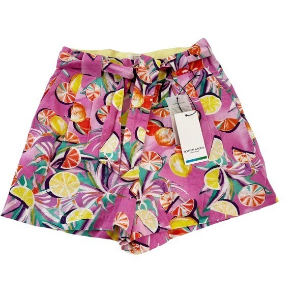 NWT Scotch & Soda Linen High Waisted Fruit Print Shorts Pink Size XS retail $138