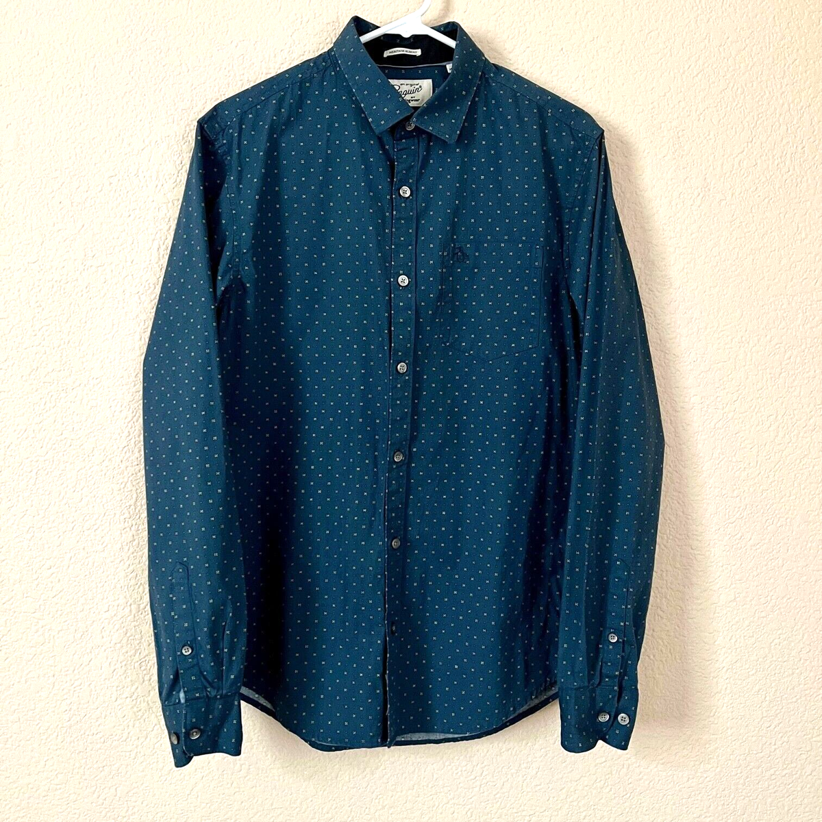 penguin heritage slim fit dress shirt Penguin Size M Men Heritage Slim Fit Blue Geometric Preppy Button Up Dress Shirt