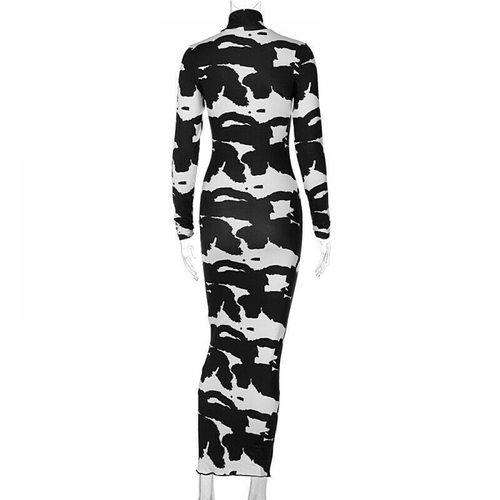 Mode Damen hochgeschlossen Langarm Batik Print Bodycon Midikleid Club - Bild 5 von 6