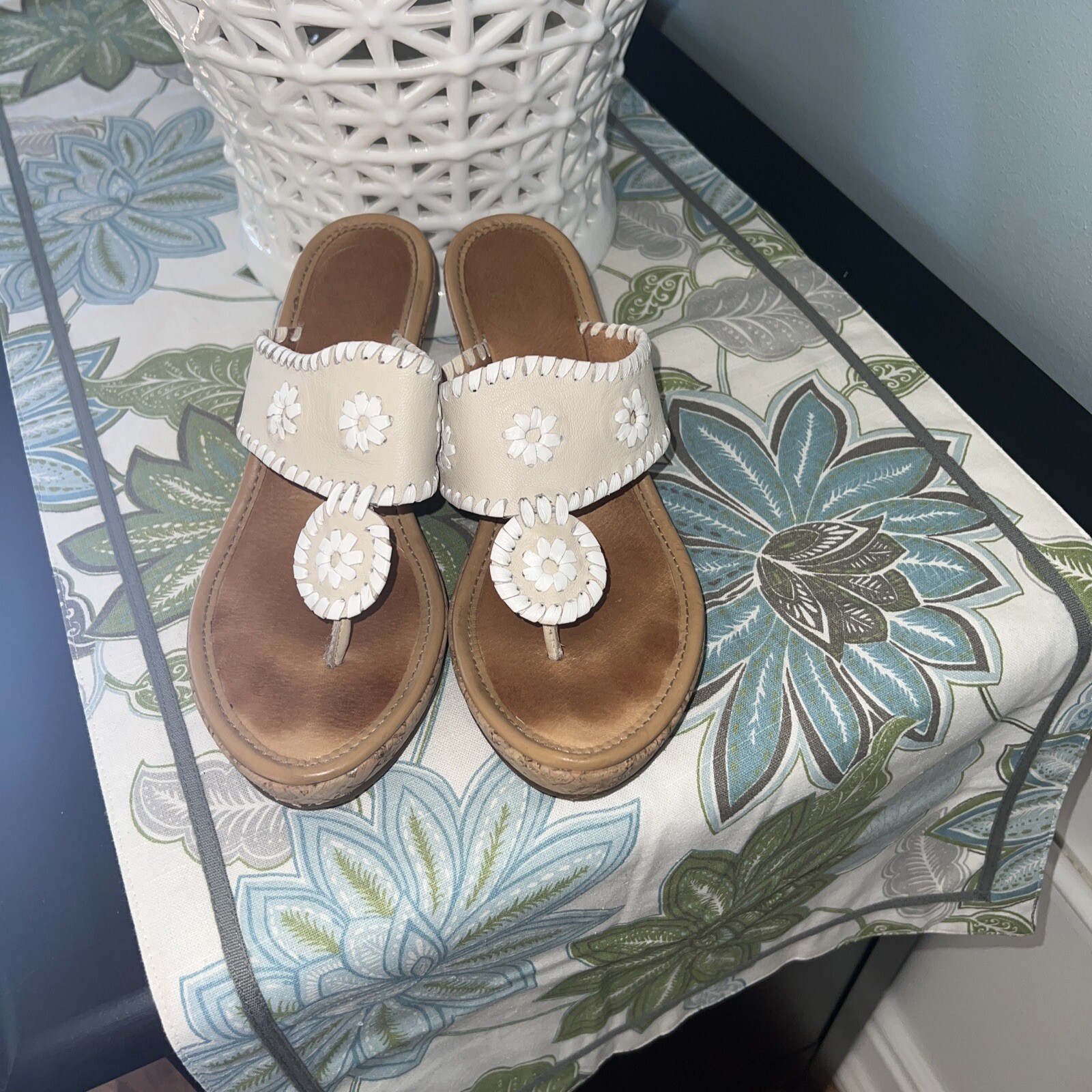 WOMEN'S JACK ROGERS WEDGE SANDALS IN Bone White Cork Gem