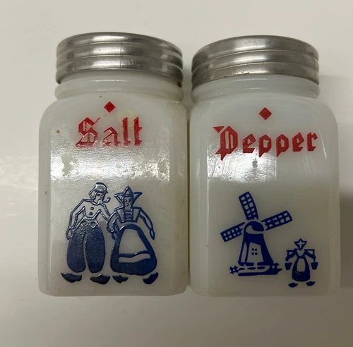 Vintage Hazel Atlas Milk Glass Salt and Pepper Shakers Farmers Design