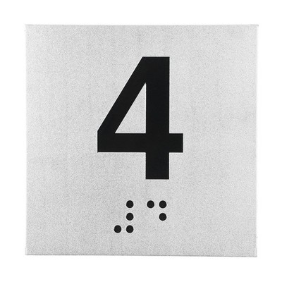 Exam Room Number Sign, 4'' x 4'' Number 4 Sign with Braille, Black on Silver